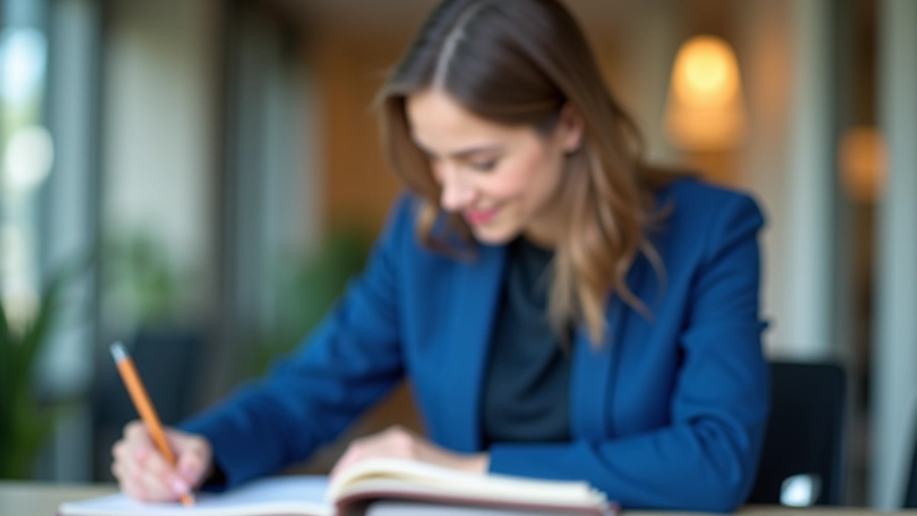 Geschäftsfrau im Alter von 35 Jahren, vollständig bekleidet in blauem Blazer, sitzt am Schreibtisch und notiert Ideen in ein Notizbuch, konzentrierter Blick, modernes Büro