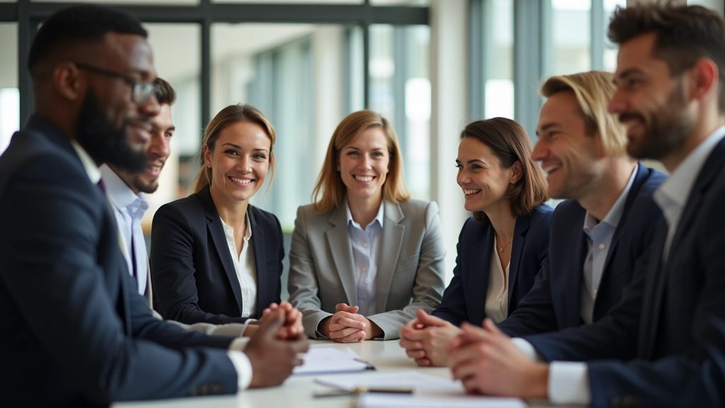 Multikulturelle Geschäftsteam in modernem Büro, verschiedene Kulturen und Nationalitäten, freundliche Atmosphäre, natürliche Beleuchtung
