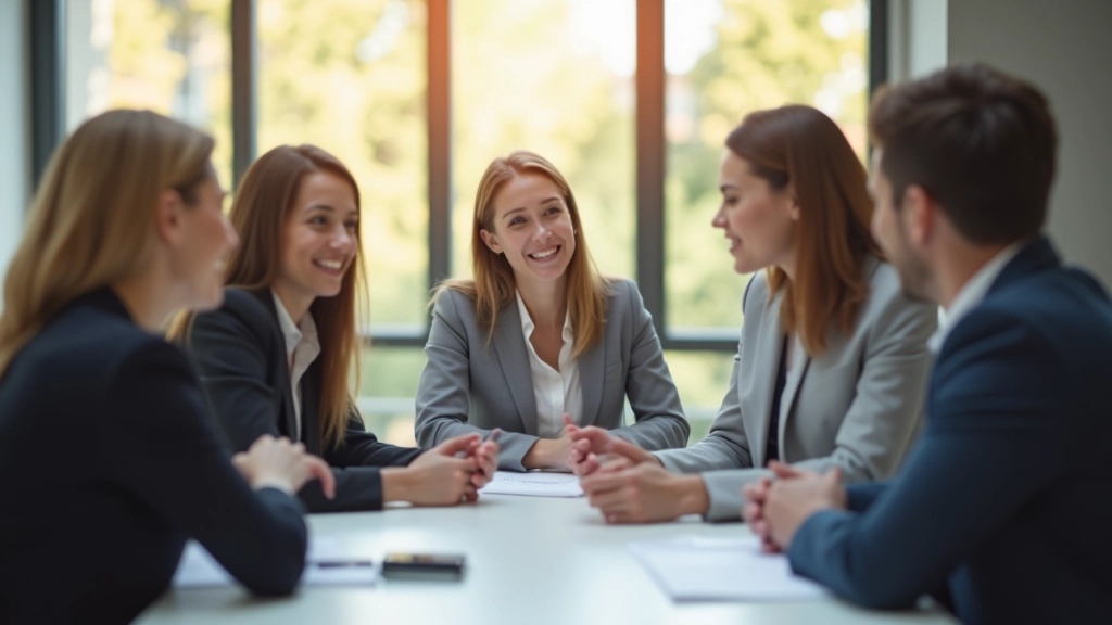 Diverse Gruppe von Menschen in einem modernen Konferenzraum, die zusammen an einem Tisch sitzen und diskutieren
