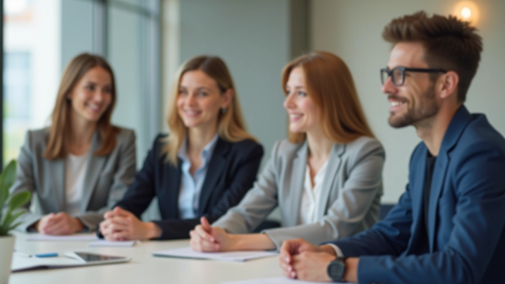 Diverse Gruppe von Fachleuten aus verschiedenen Kulturen in einem modernen Büro, die an einem Tisch sitzen und zusammenarbeiten, warme Beleuchtung, fokussierter Blick
