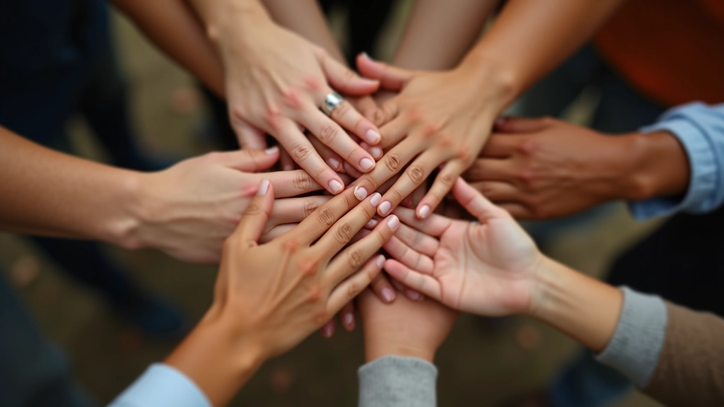 Hands zusammenbringend in Teamkreis