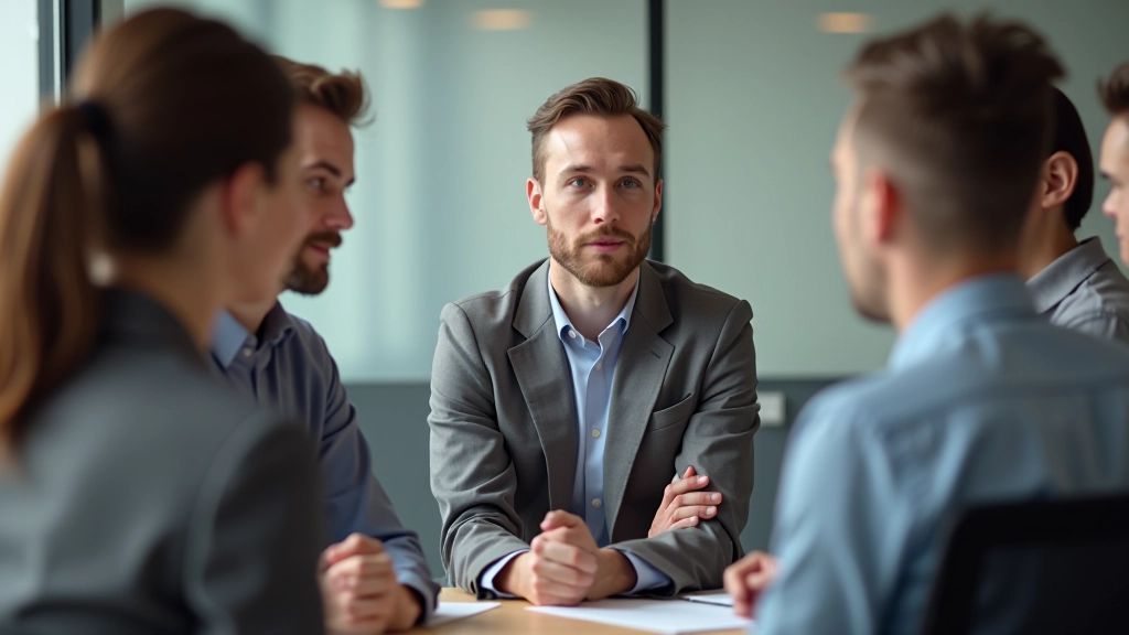 Zwei Menschen in einem modernen Büro, die sich konzentriert unterhalten und aktiv zuhören, mit offener Körpersprache