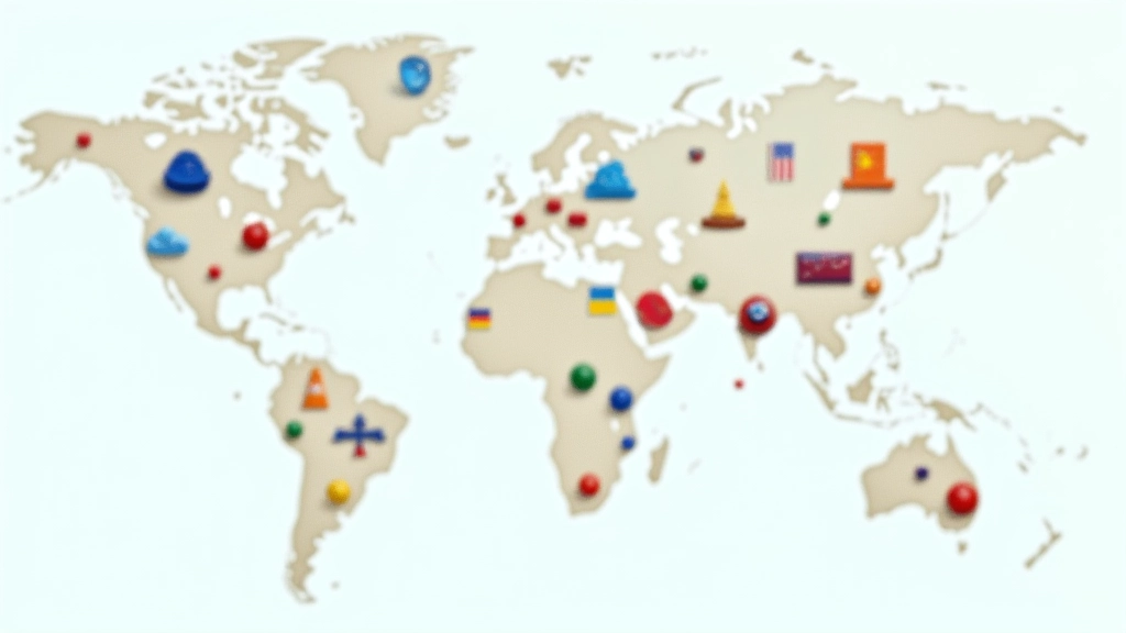 Verschiedene Flaggen und Symbole verschiedener Kulturen auf interaktiver digitaler Weltkarte