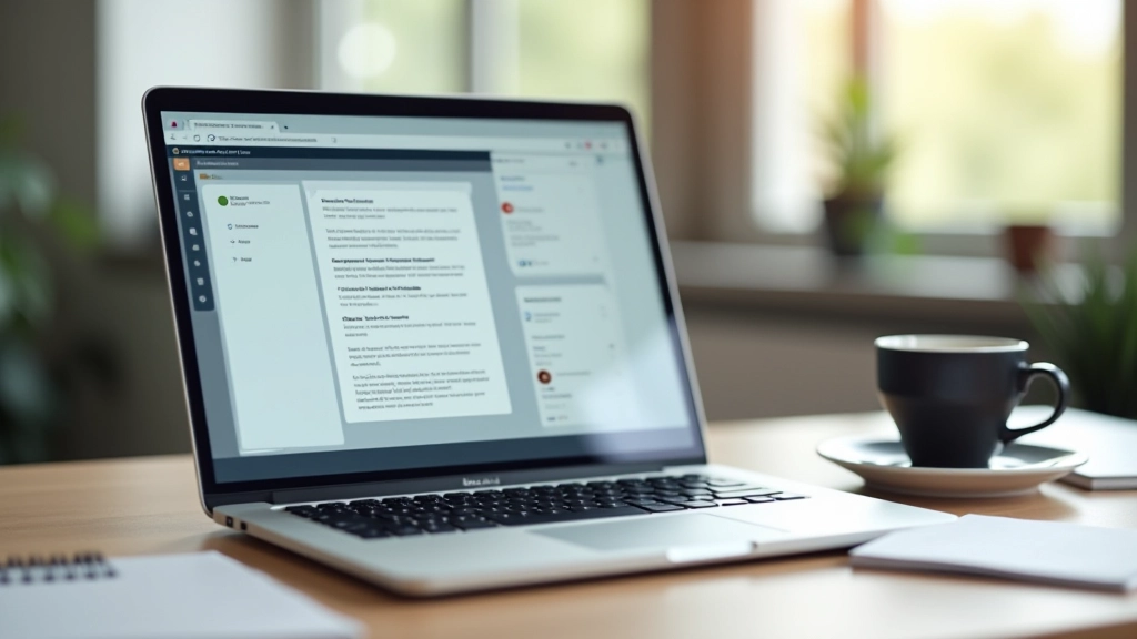 Ein Laptop-Bildschirm mit verschiedenen Kommunikationstools und Apps offen, in einem modernen Büroumfeld mit Pflanze im Hintergrund