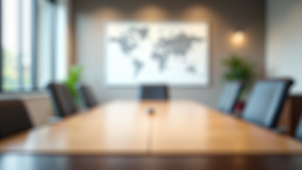 Moderner Konferenzraum mit großem Holztisch, mehreren Stühlen, Whiteboard an der Wand mit Notizen und einer Weltkarte, natürliches Licht von Fenstern