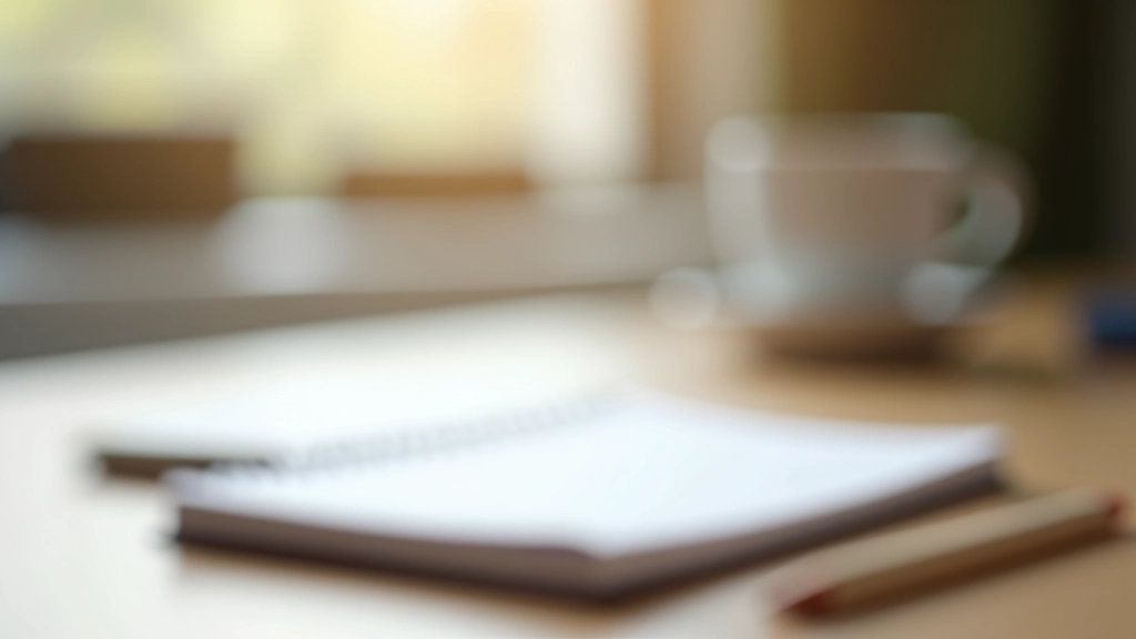 Ein Notizbuch mit Schreibstift auf einem Schreibtisch, neben einer Tasse Kaffee in einem hellen, modernen Arbeitszimmer