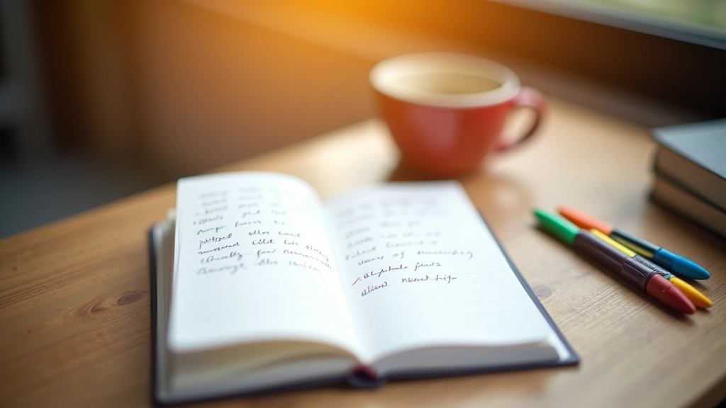 Offenes Notizbuch mit handschriftlichen Notizen auf einem Schreibtisch, daneben eine Kaffeetasse und verschiedenfarbige Stifte