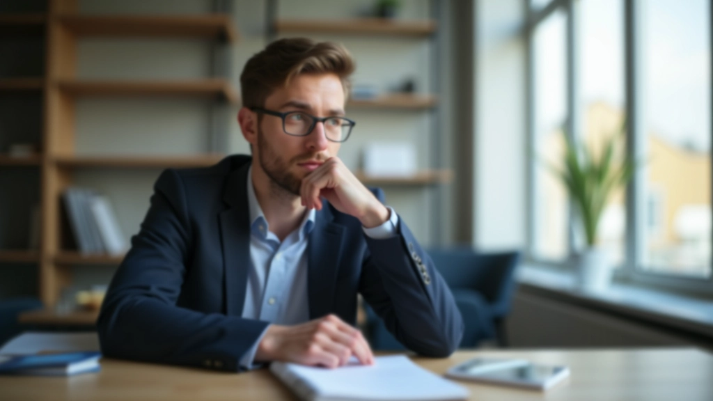 Eine Person sitzt am Schreibtisch und macht sich Notizen, während sie nachdenklich in die Ferne schaut