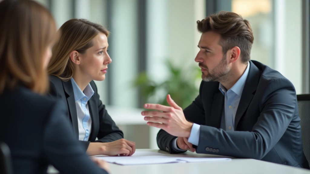 Zwei Menschen sitzen sich am Tisch gegenüber, einer wirkt frustriert während der andere versucht zu erklären